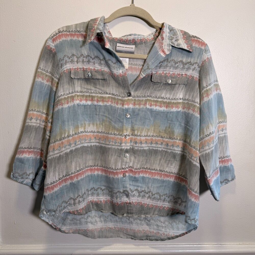 Alfred Dunner Petite PM Pastel Stripe Button Blouse 3/4 Sleeve Coastal Boho